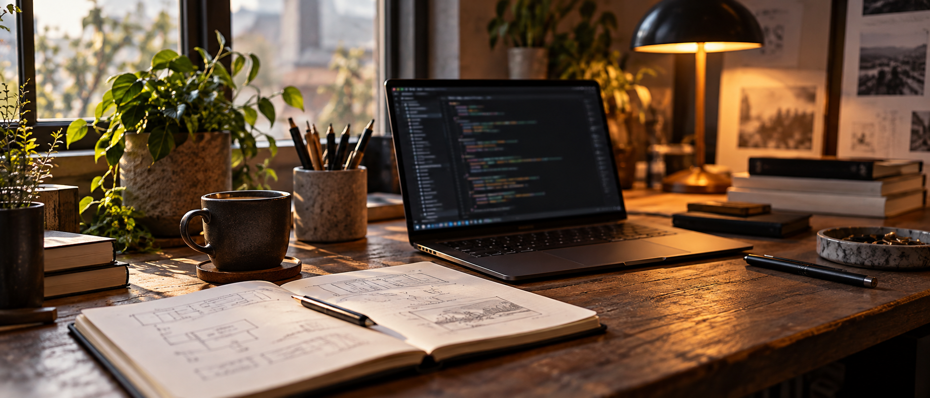 Illustrative AI development workspace with laptop and notebook